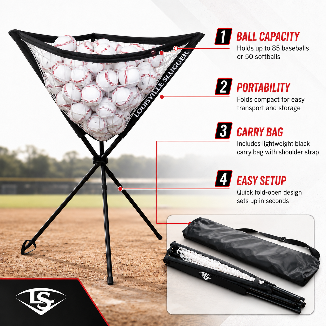 Louisville Slugger Portable Ball Caddy — Holds 85 Baseballs | Coach & Player Training