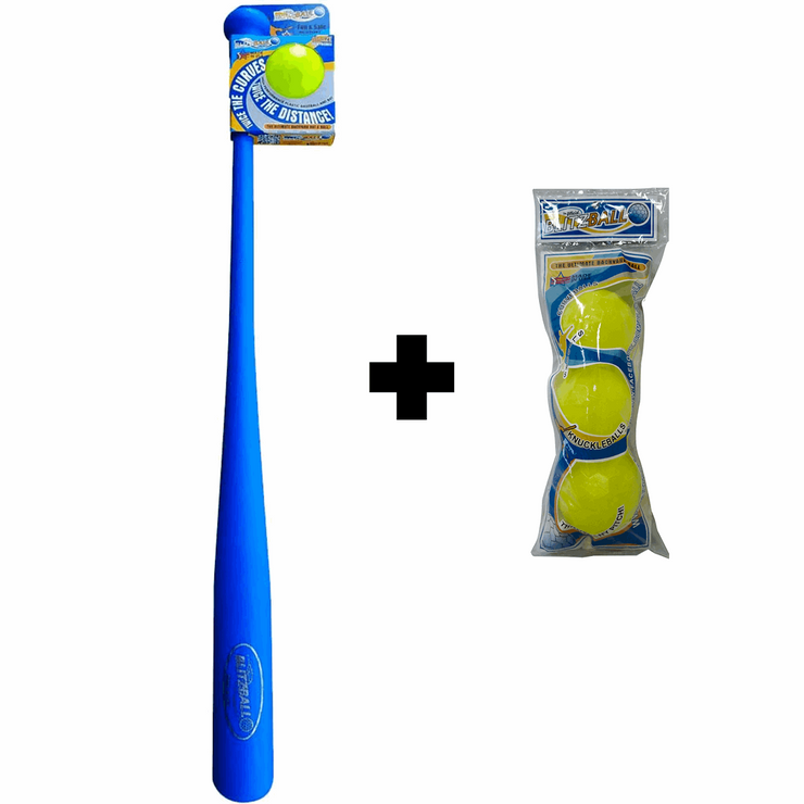 Blitzball bat and balls set featuring a blue bat and three yellow balls for backyard fun