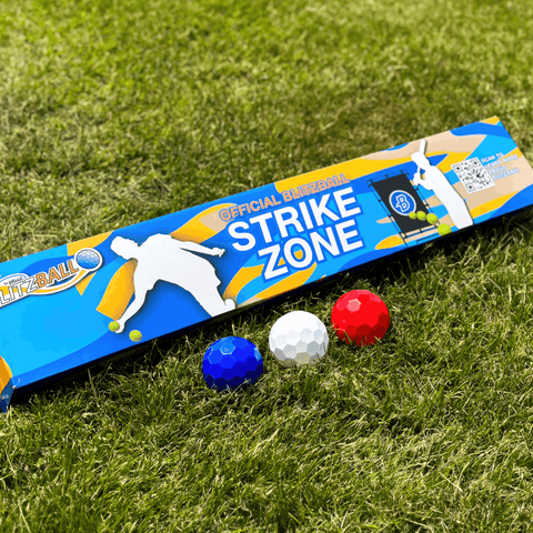 Gamemaster Athletic Blitzball StrikeZone Target set with blue packaging and three colorful balls on grass