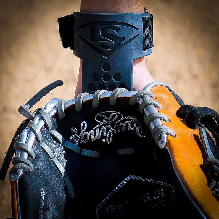Louisville Slugger Glove Shield wrist protection attached to a baseball glove for enhanced safety