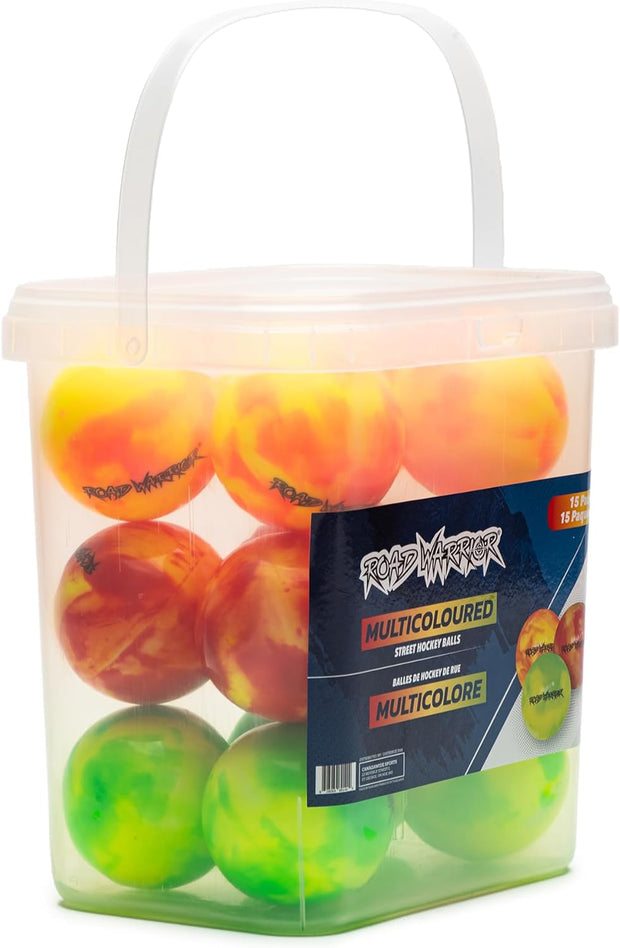 Road Warrior Street Hockey Balls - 15 Pack (Extreme Colours) in a clear container showcasing vibrant colors