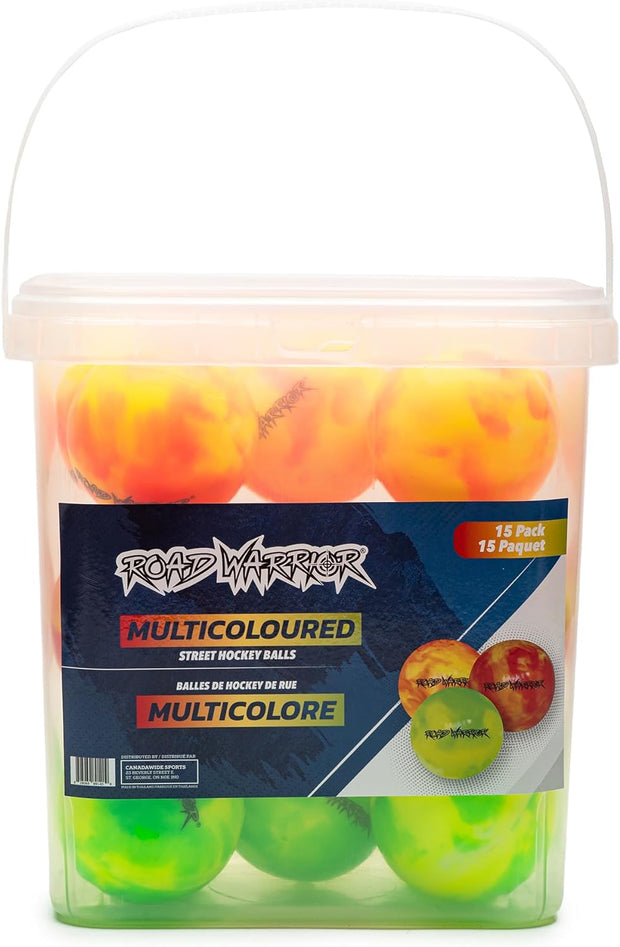Road Warrior Street Hockey Balls - 15 Pack (Extreme Colours) in a clear container showcasing vibrant colors 