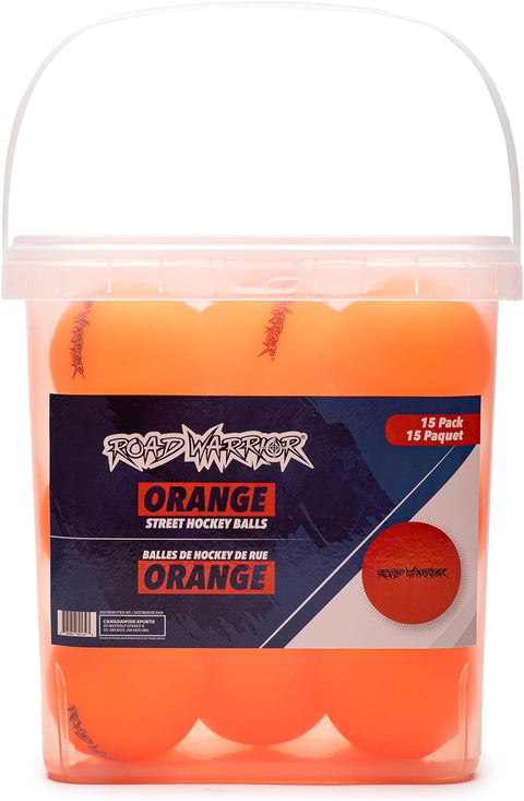 Road Warrior Street Hockey Balls - 15-Pack - Orange in a clear bucket for outdoor play