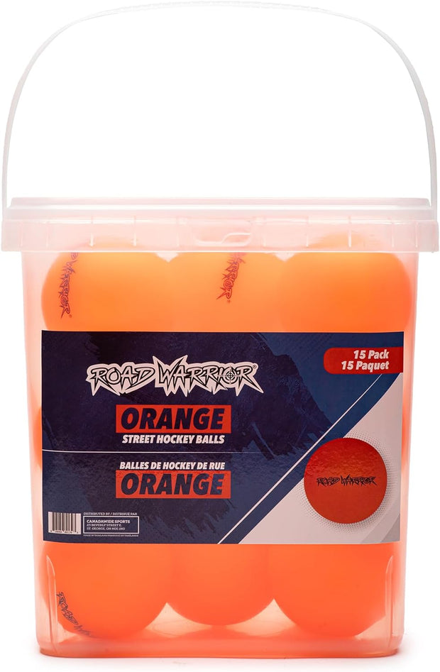 Road Warrior Street Hockey Balls - 15-Pack - Orange in a clear bucket for outdoor play