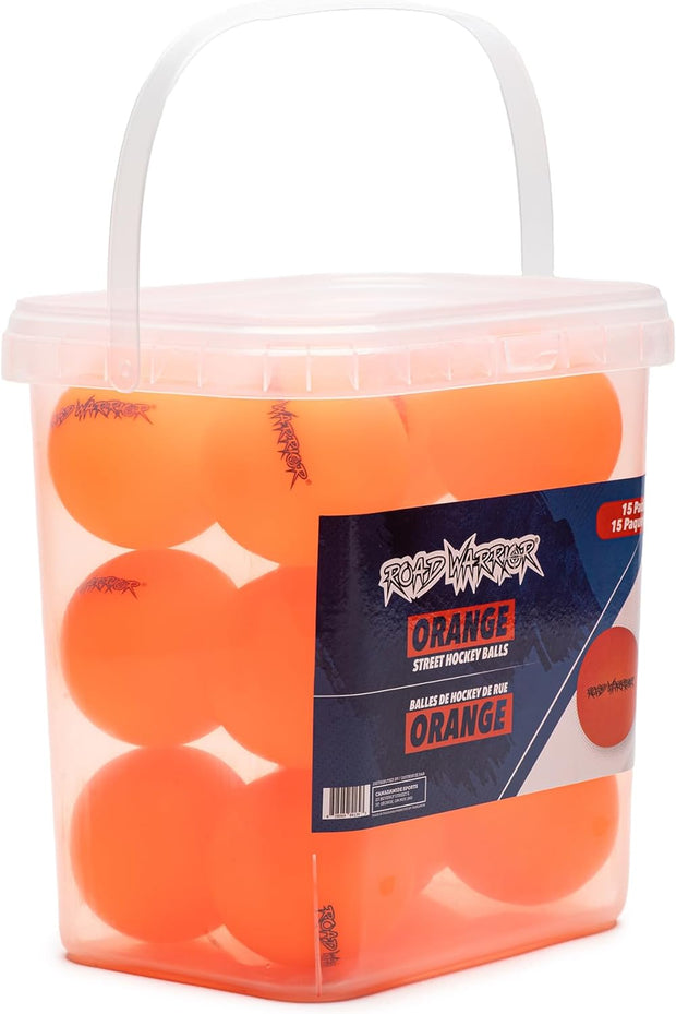 Road Warrior Street Hockey Balls - 15-Pack - Orange in a clear bucket for easy storage and transport