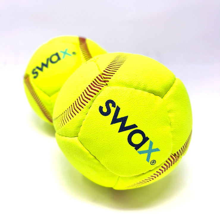 Two bright yellow Slugger Training Swax Training Softball with a textured surface for improved grip and durability