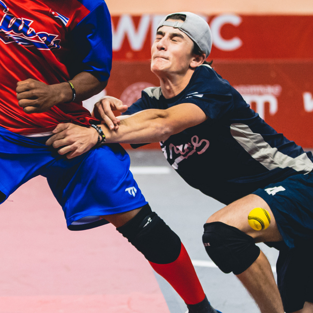 Two athletes competing in Baseball5 using the USA Baseball Baseball5 Ball for an exciting match