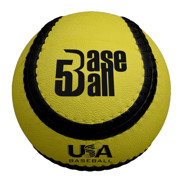 USA Baseball Baseball5 Ball in bright yellow with embossed logo and textured surface for improved grip