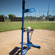 Louisville Slugger Blue Flame Pitching Machine Set Up on Baseball Field for Accurate Pitching Practice
