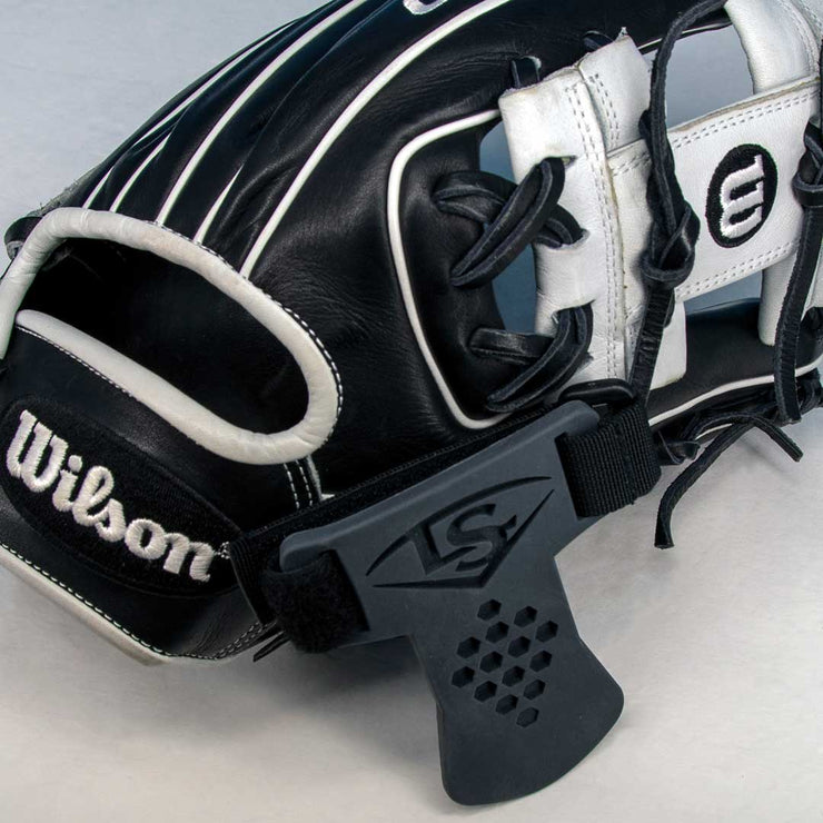 Louisville Slugger Glove Shield wrist protection attached to a baseball glove for enhanced player safety